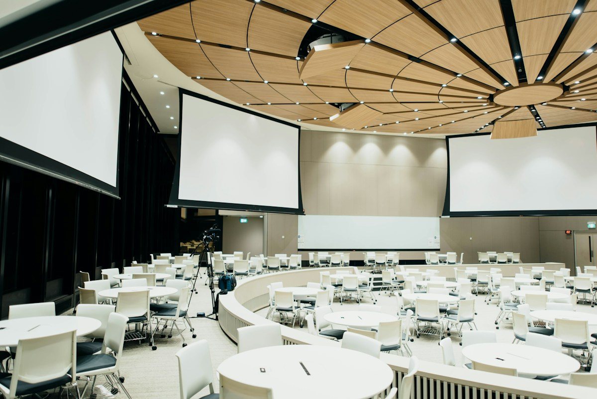 A venue prepared for a corporate gathering